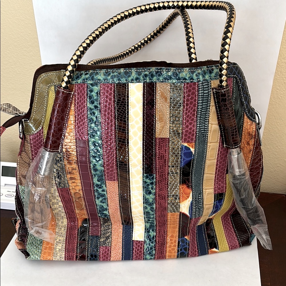 Colorful Leather Striped Tote Bag